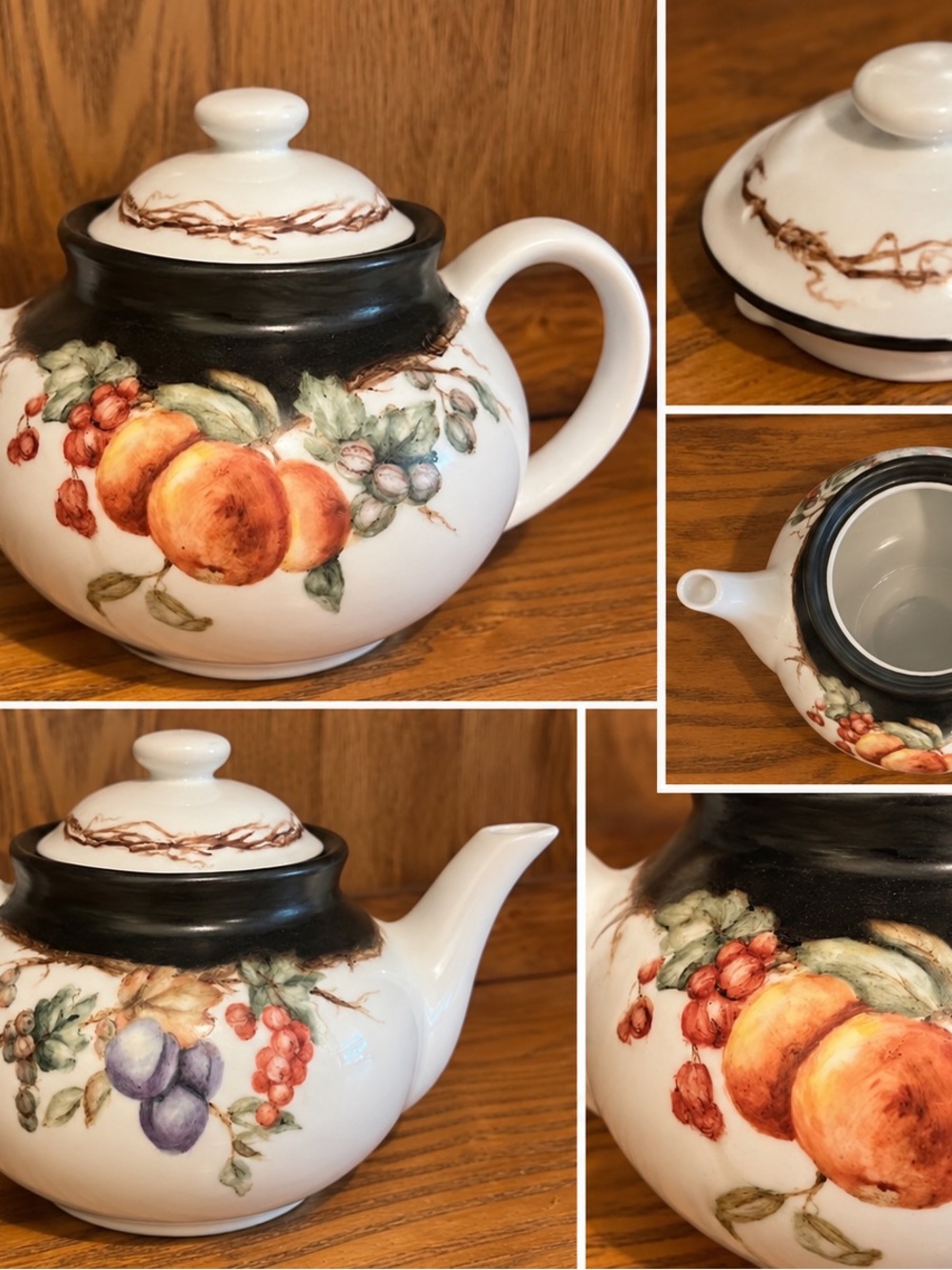 Vintage Hand-Painted Fruit Teapot Black & White Ceramic Peach Plum Berry Design